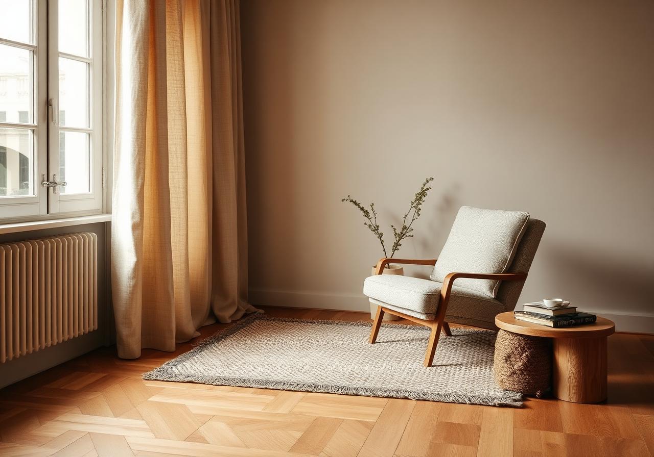 Quiet reading corner with heavy linen curtain and wool rug