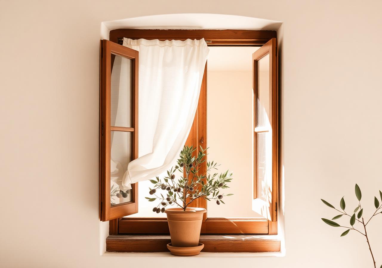 Open window with olive plant and drifting linen curtain