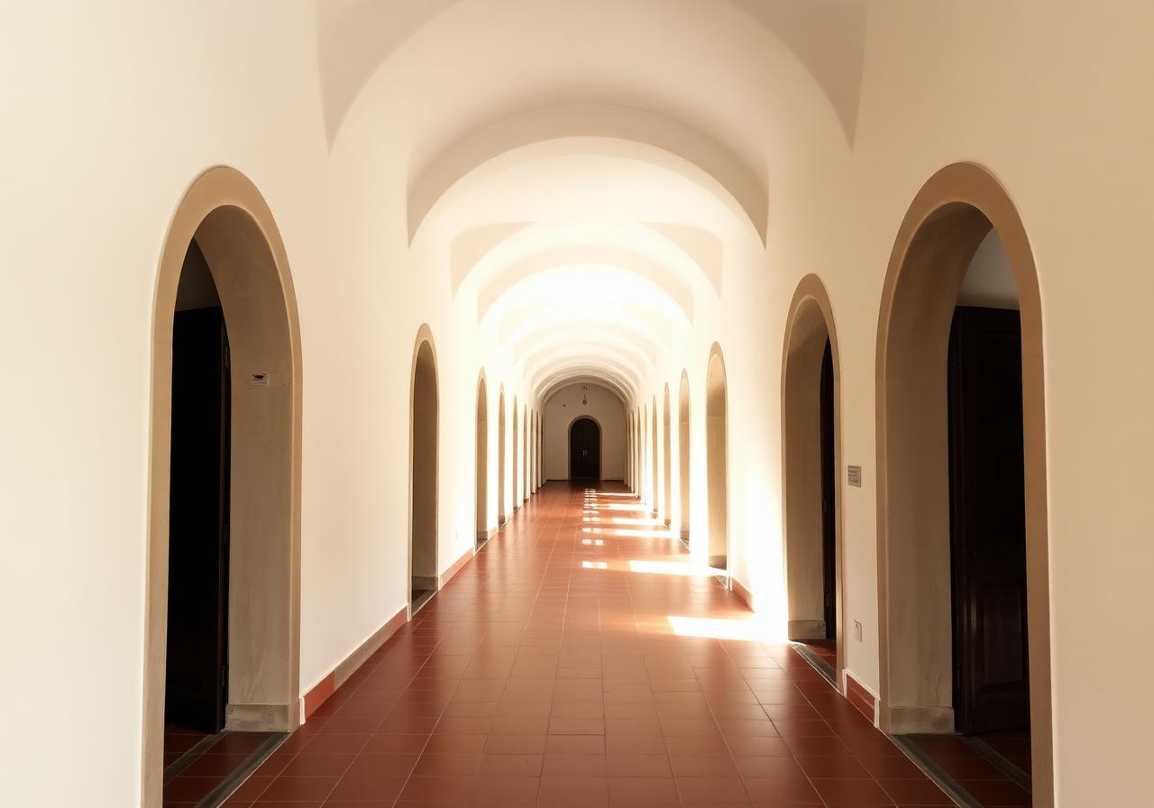 Enfilade hallway with aligned arched doorways and soft light