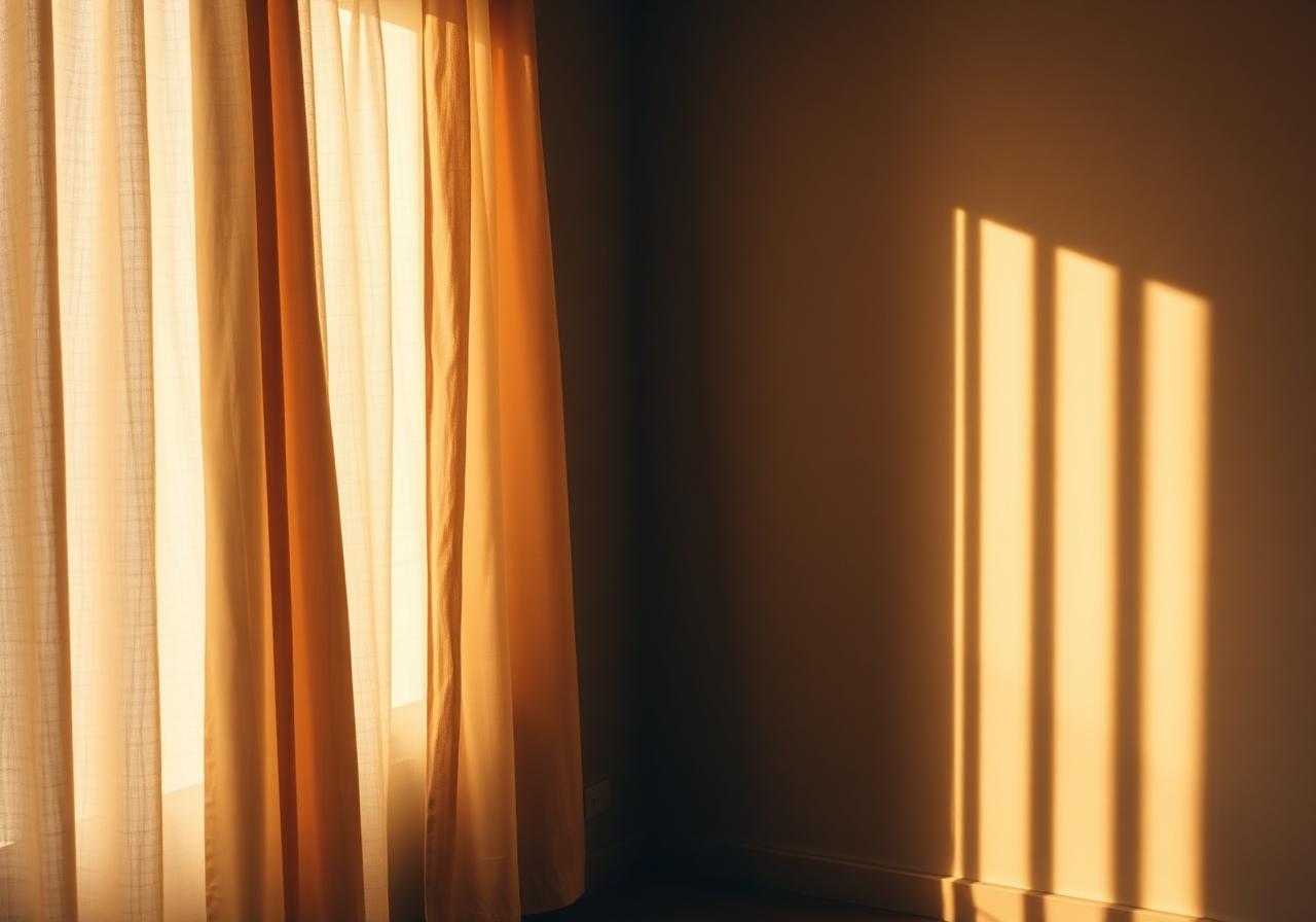 Warm morning light through linen curtains