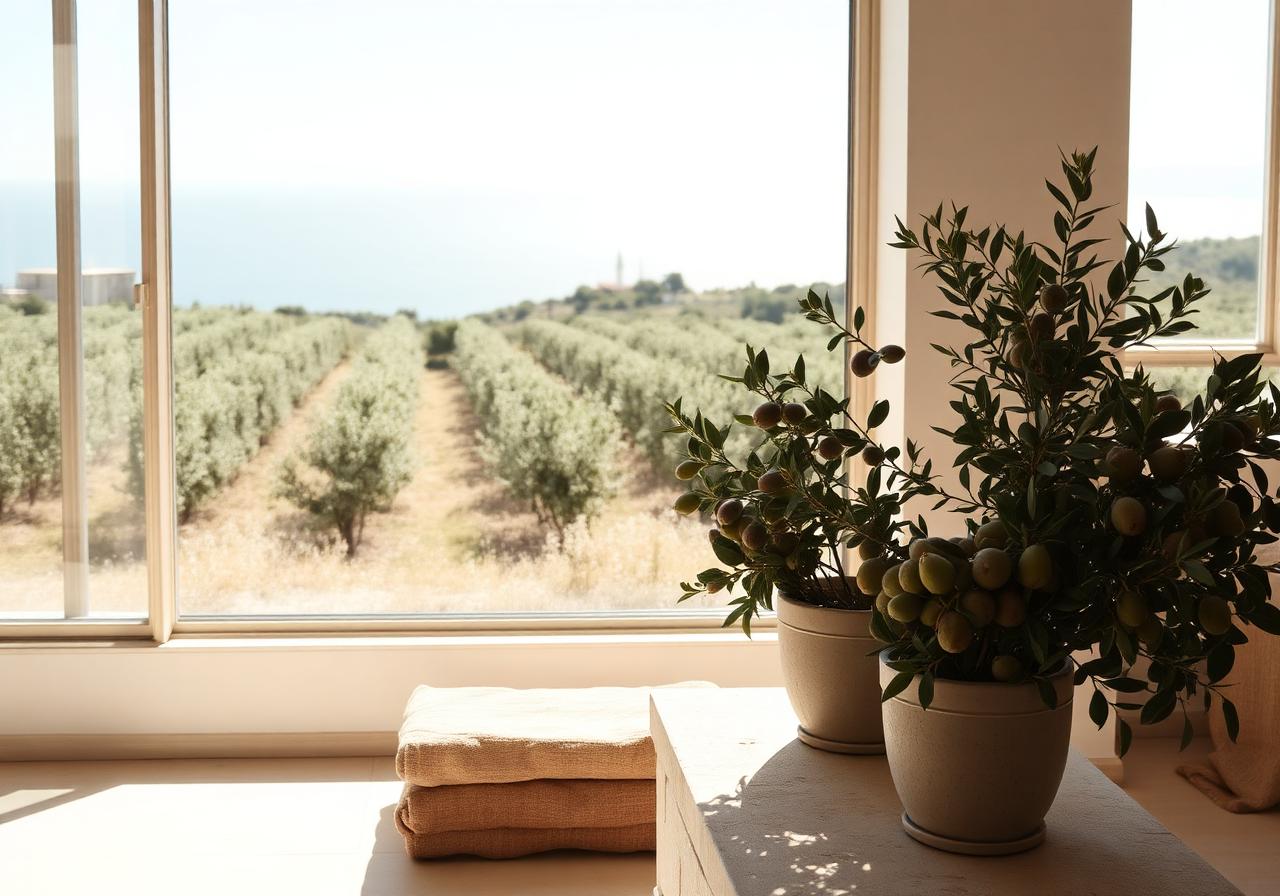 Window framing an olive grove with potted plants indoors
