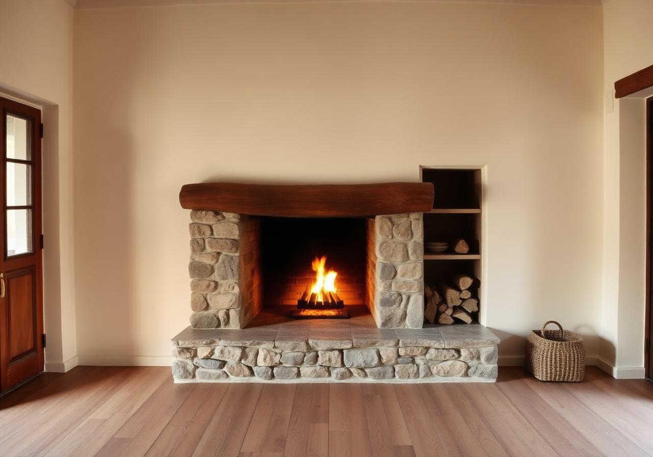 Stone fireplace with a small burning fire in a Portuguese home