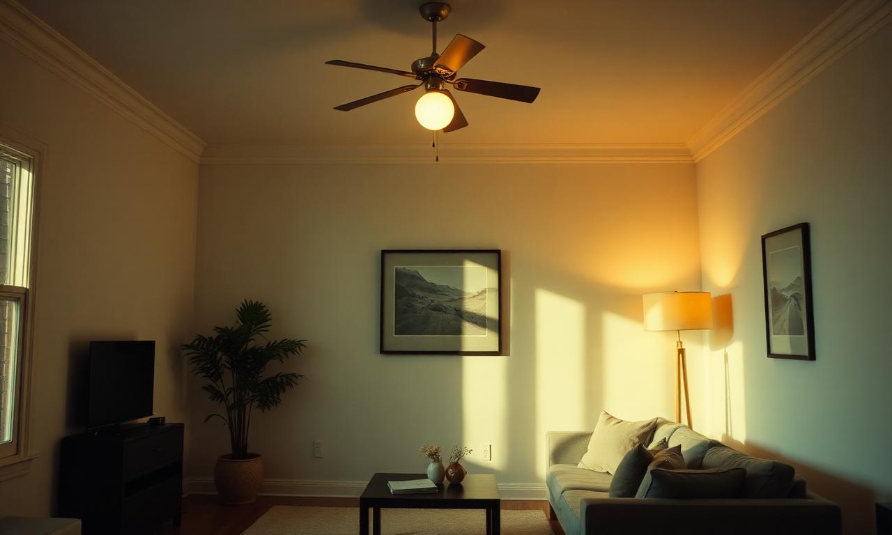 Living room with warm lamp and cool overhead light