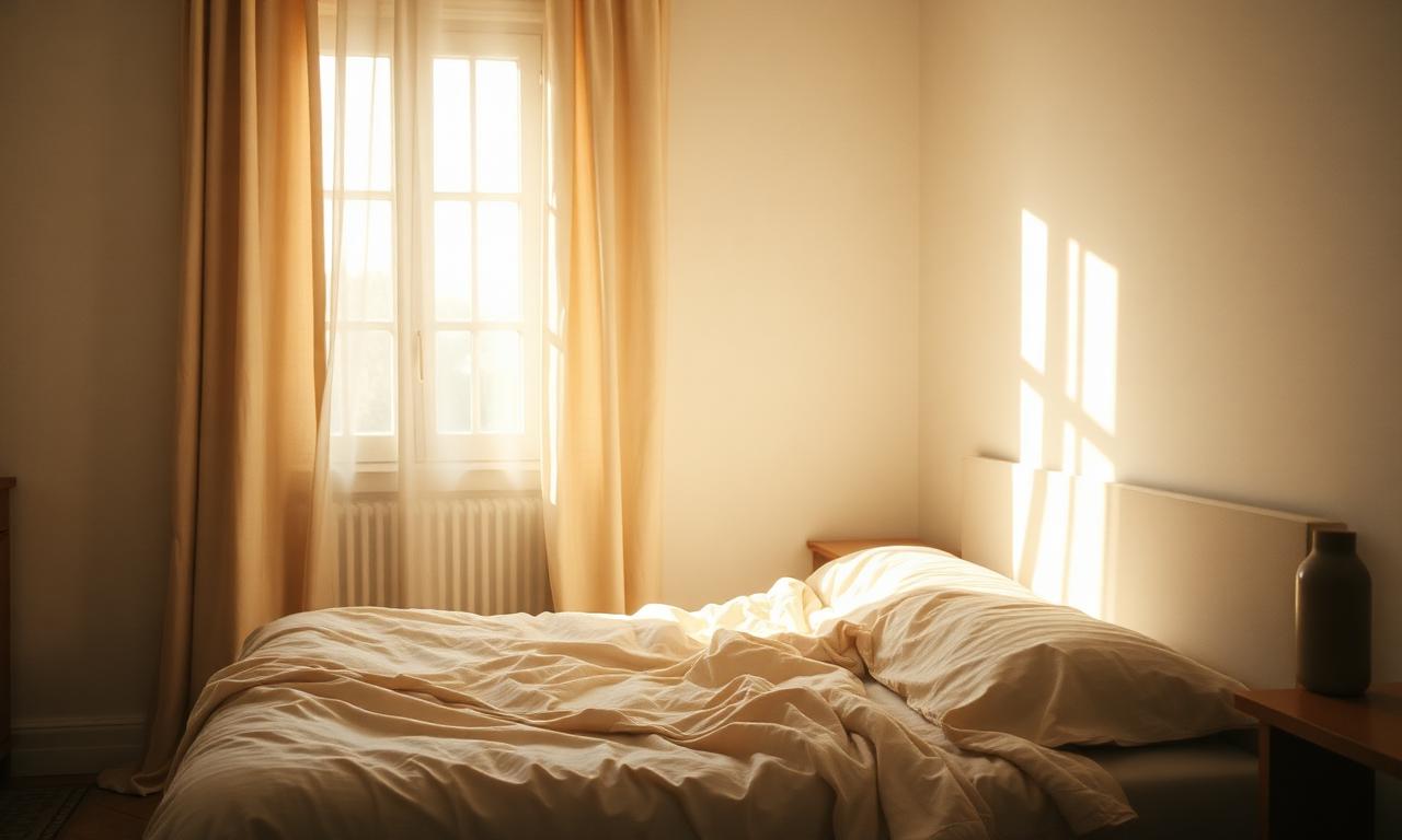 Bedroom at dawn with sunlight through linen curtains